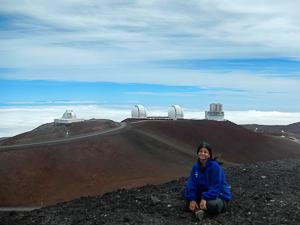 Dr. Smith on Mauna Kea, Keck I and II in background